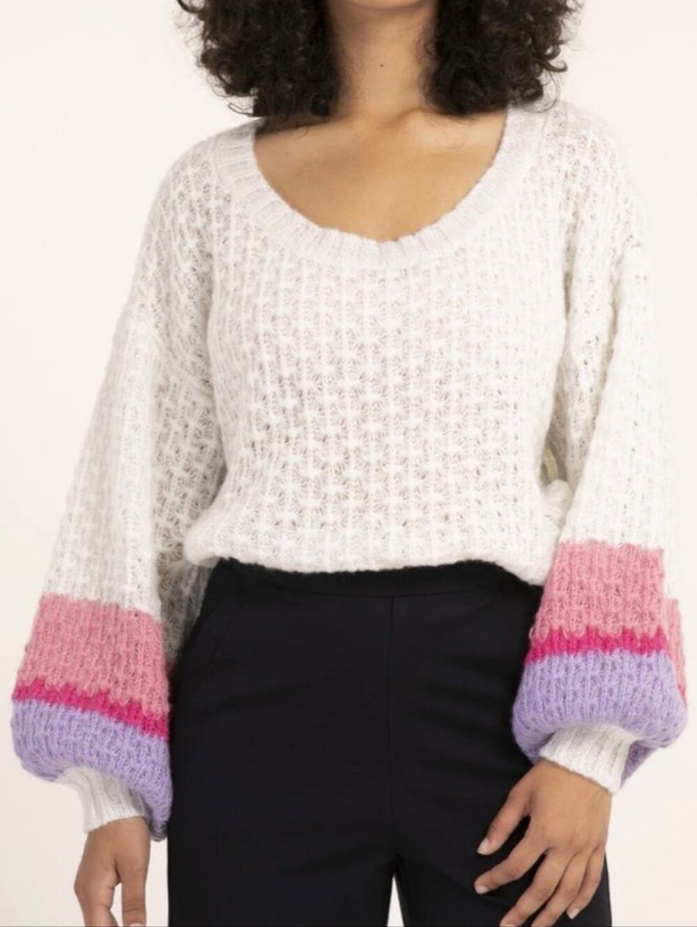 FRNCH Camelia Star Stitch Knit Balloon Sleeve Sweater White Medium Coquette Girl